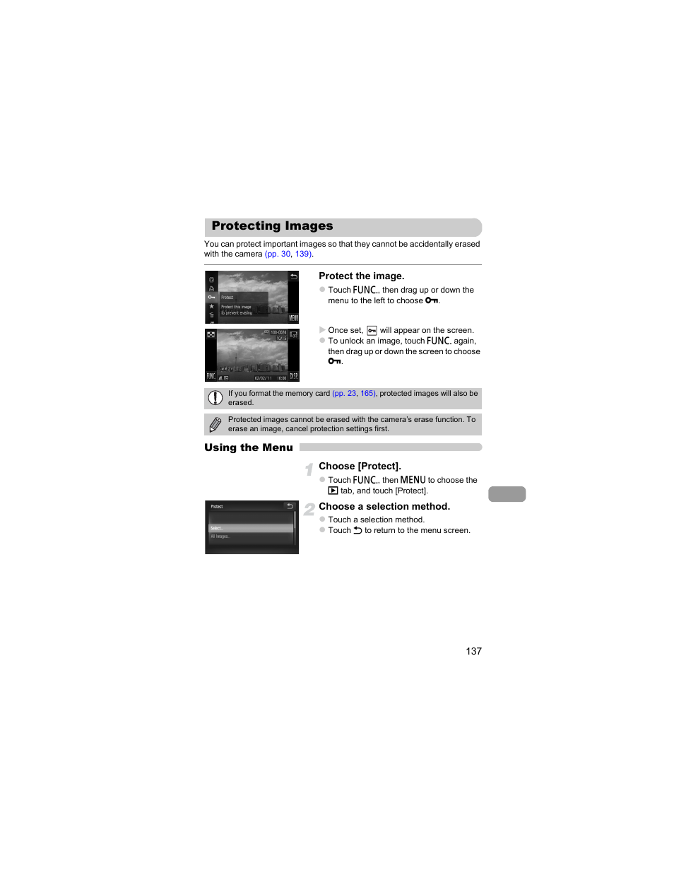 Protecting images, P. 137) | Canon IXUS 310 HS User Manual | Page 137 / 208