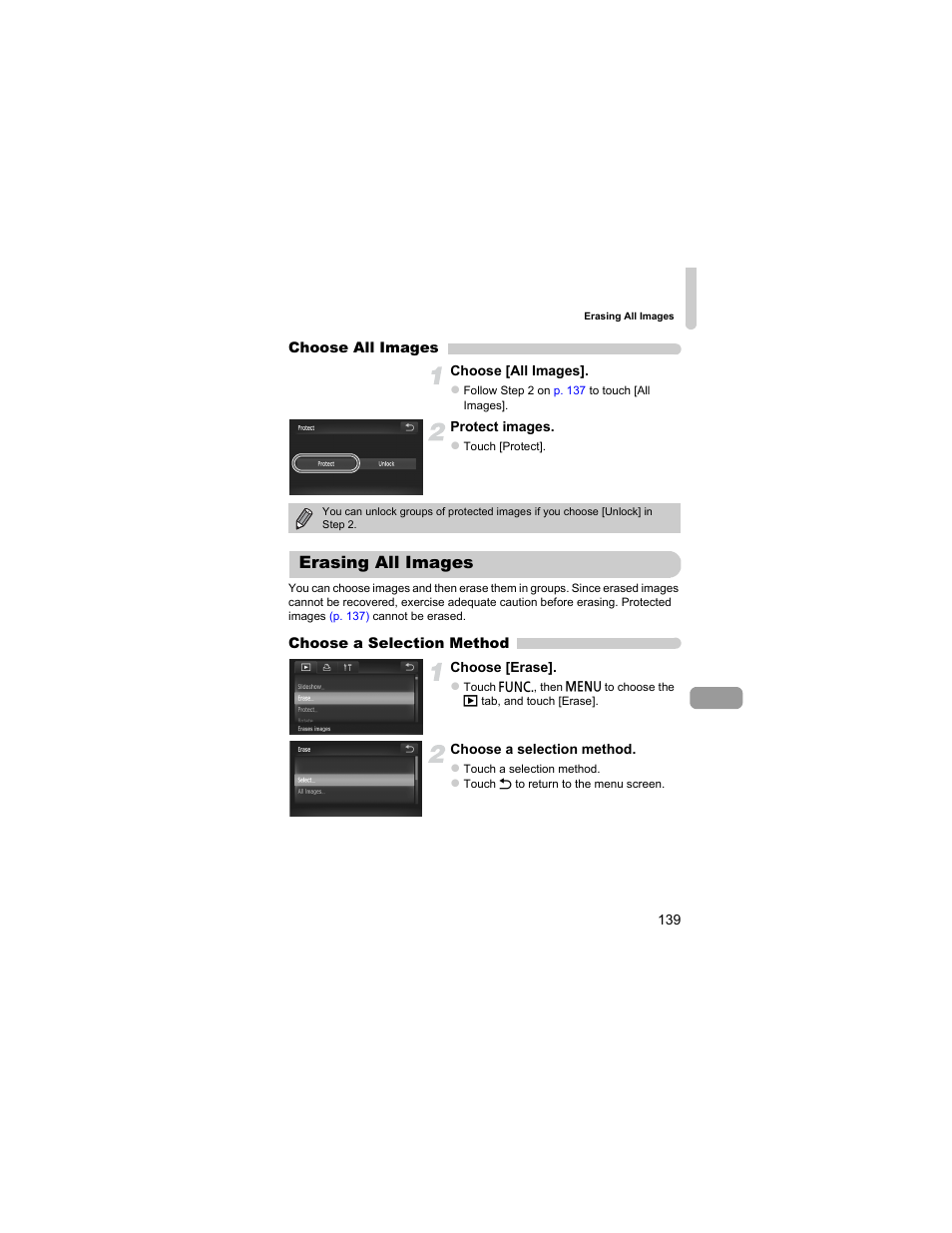 Erasing all images, P. 139) | Canon IXUS 310 HS User Manual | Page 139 / 208