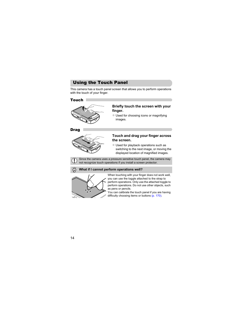 Using the touch panel | Canon IXUS 310 HS User Manual | Page 14 / 208