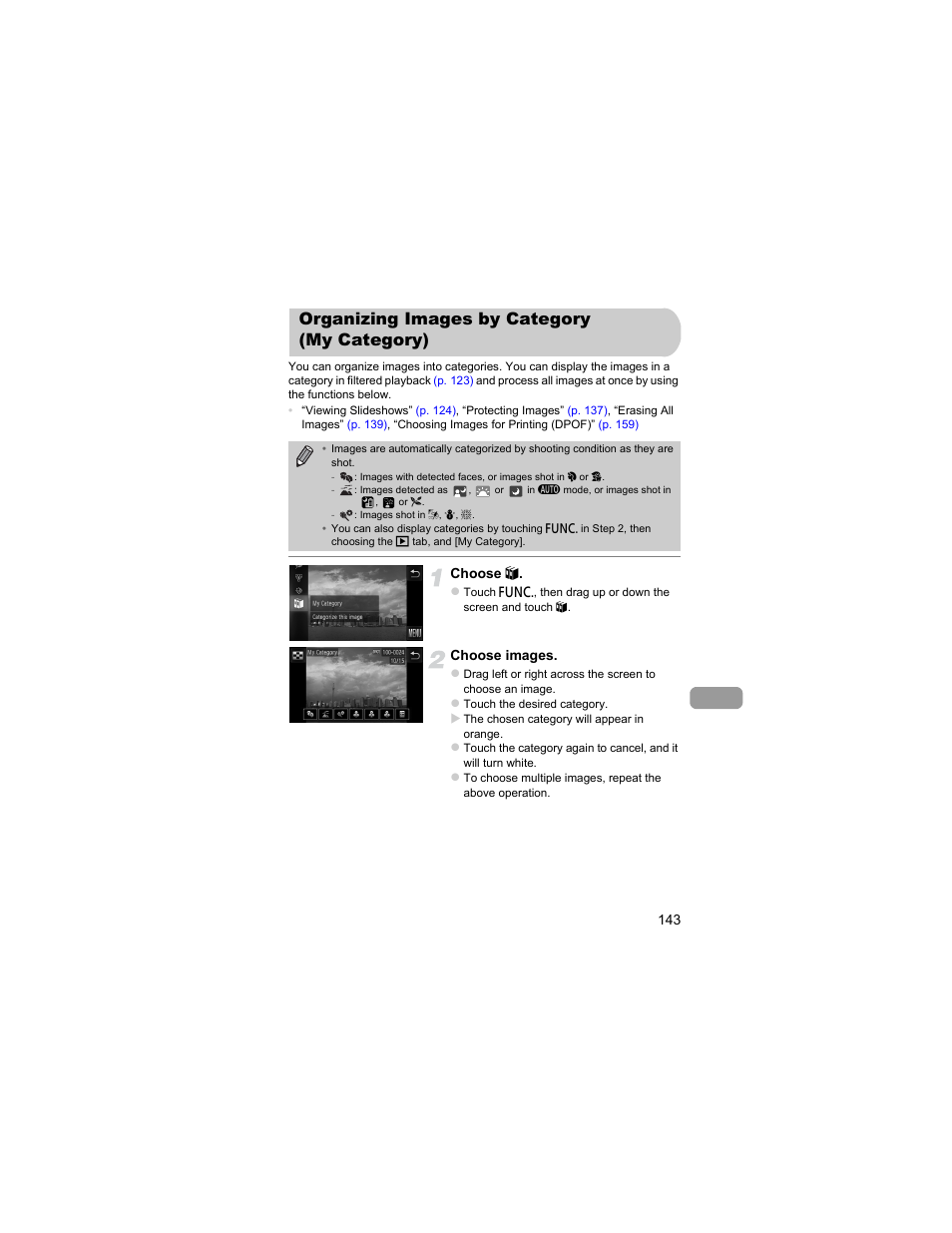 Organizing images by category (my category), Organizing images by category, My category) | P. 143), Ized, Gory | Canon IXUS 310 HS User Manual | Page 143 / 208