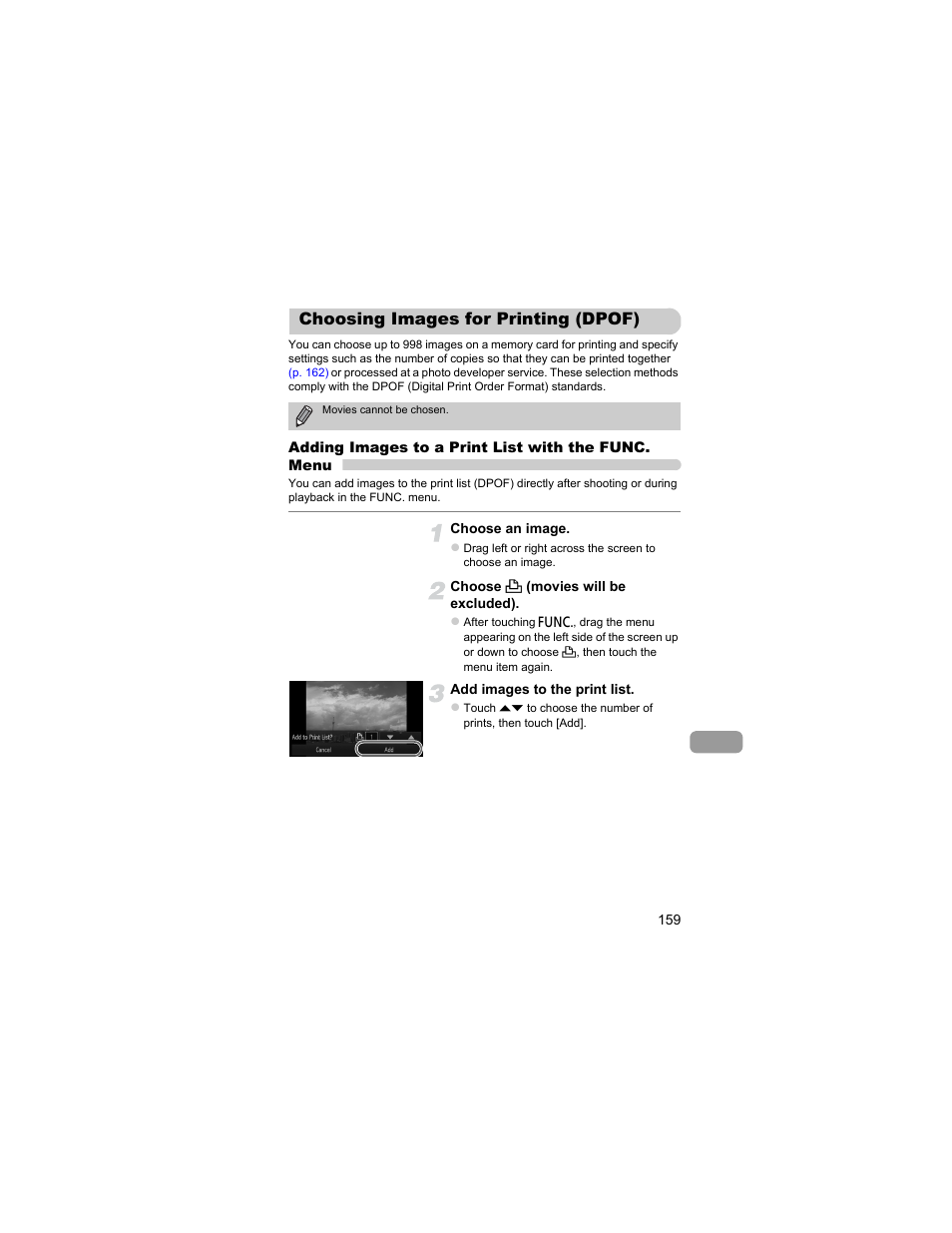Choosing images for printing (dpof), Choosing images for printing, Dpof) | P. 159), By ch | Canon IXUS 310 HS User Manual | Page 159 / 208