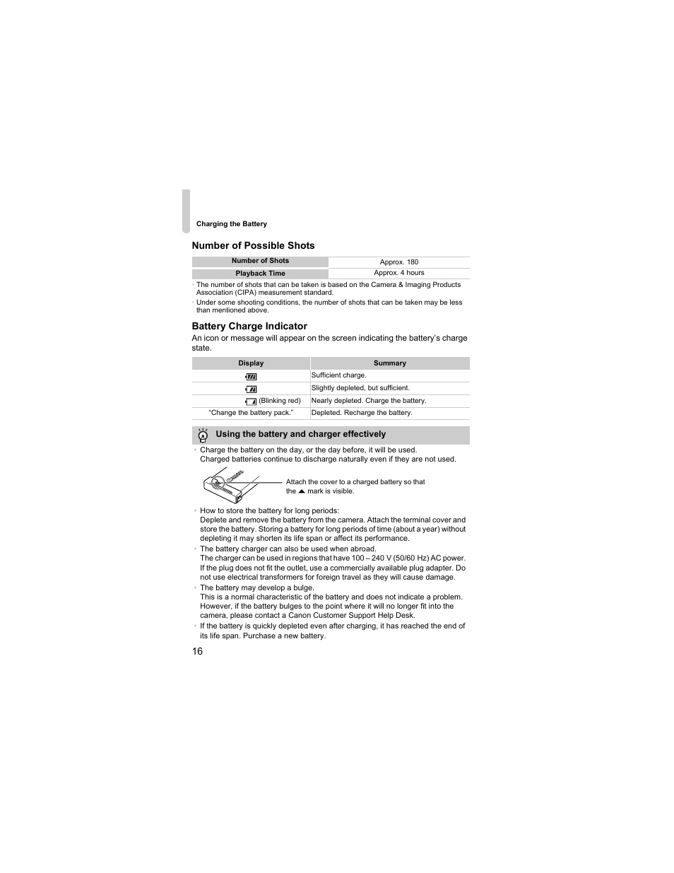 16 number of possible shots, Battery charge indicator | Canon IXUS 310 HS User Manual | Page 16 / 208