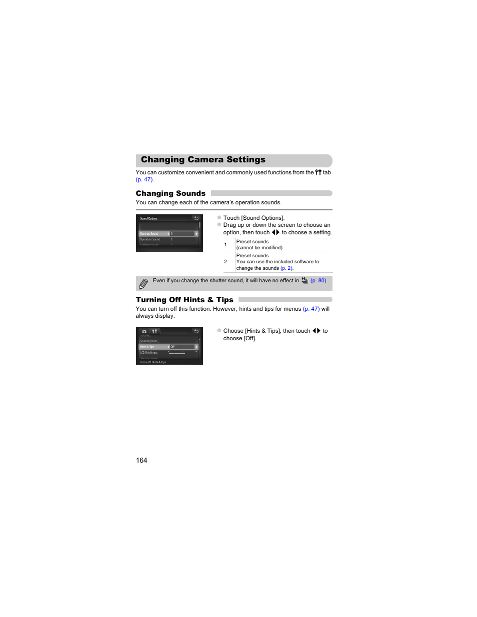 Changing camera settings, Imer, P. 164) | Canon IXUS 310 HS User Manual | Page 164 / 208