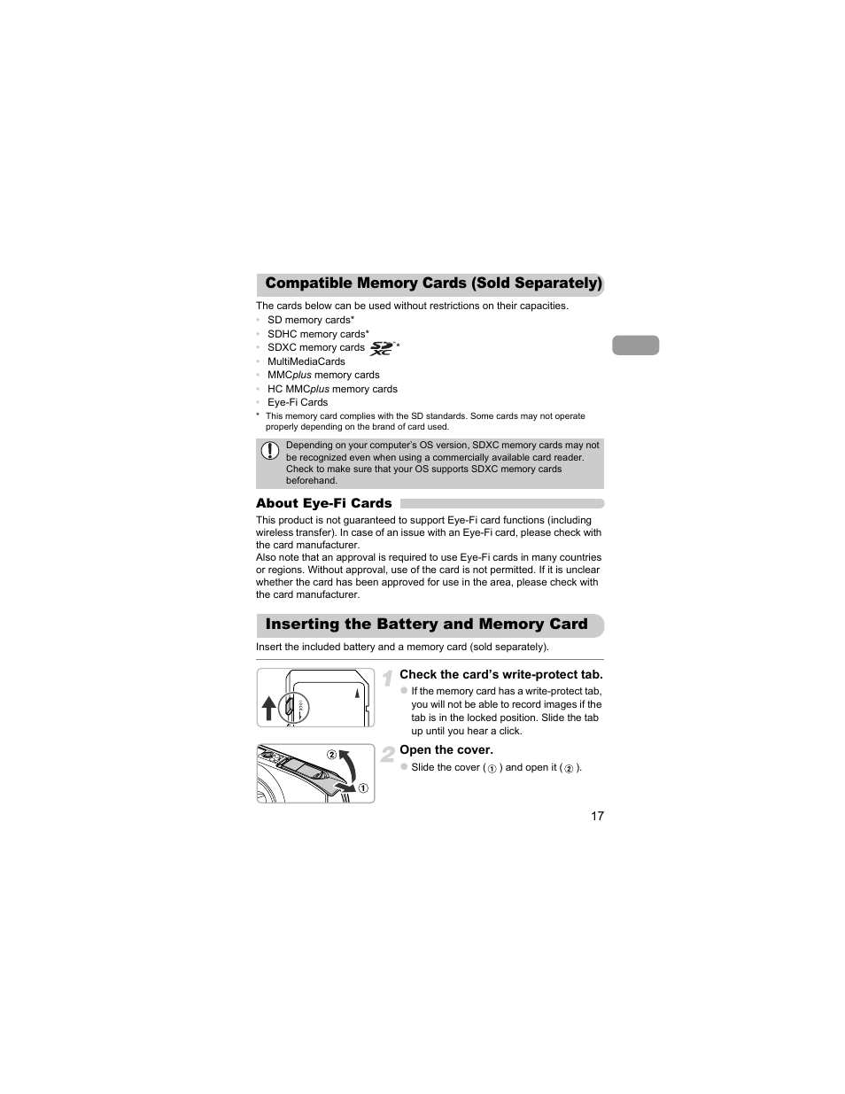 Compatible memory cards (sold separately), Inserting the battery and memory card, Compatible memory cards | Sold separately), Inserting the battery and, Memory card | Canon IXUS 310 HS User Manual | Page 17 / 208