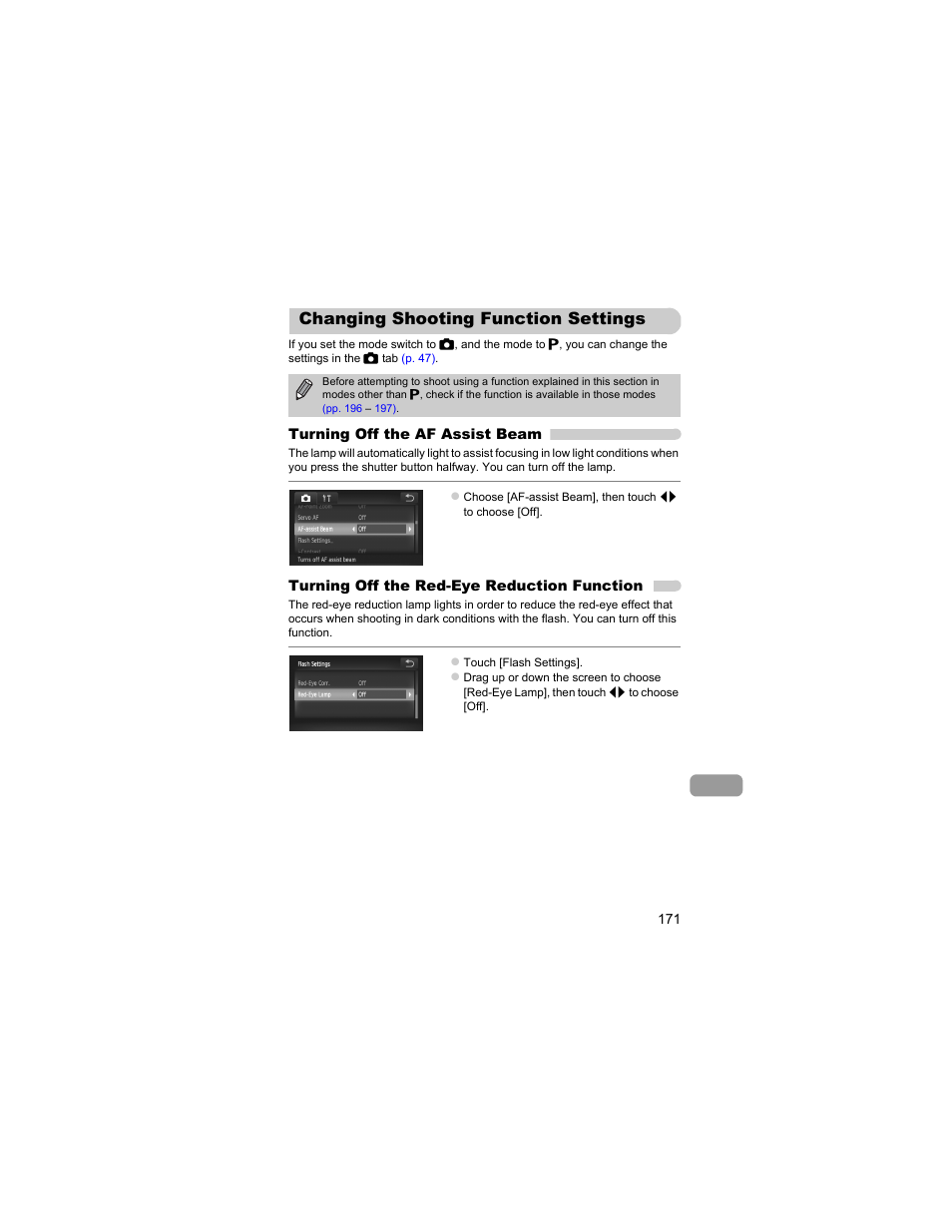 Changing shooting function settings, Changing shooting function, Settings | P. 171) | Canon IXUS 310 HS User Manual | Page 171 / 208
