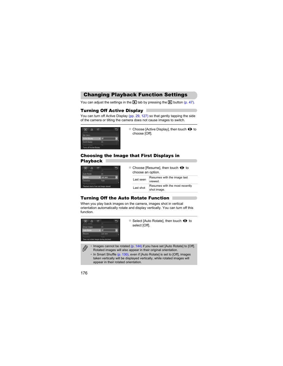 Changing playback function settings, Changing playback function, Settings | Canon IXUS 310 HS User Manual | Page 176 / 208