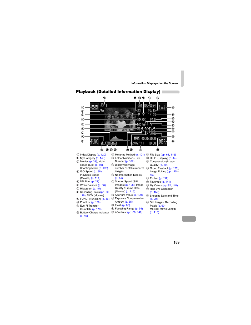 P. 189), 189 playback (detailed information display) | Canon IXUS 310 HS User Manual | Page 189 / 208