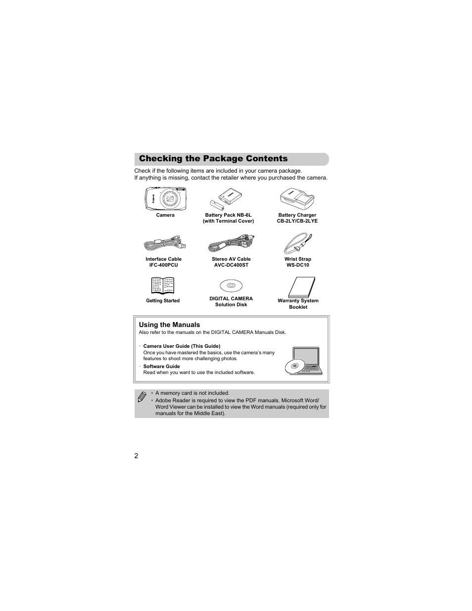 Checking the package contents | Canon IXUS 310 HS User Manual | Page 2 / 208