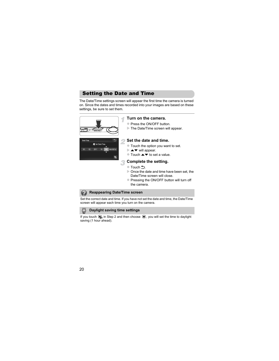 Setting the date and time | Canon IXUS 310 HS User Manual | Page 20 / 208