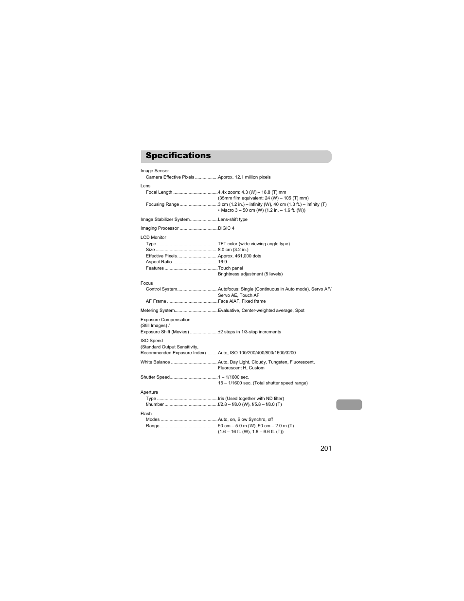 Specifications, P. 201) | Canon IXUS 310 HS User Manual | Page 201 / 208