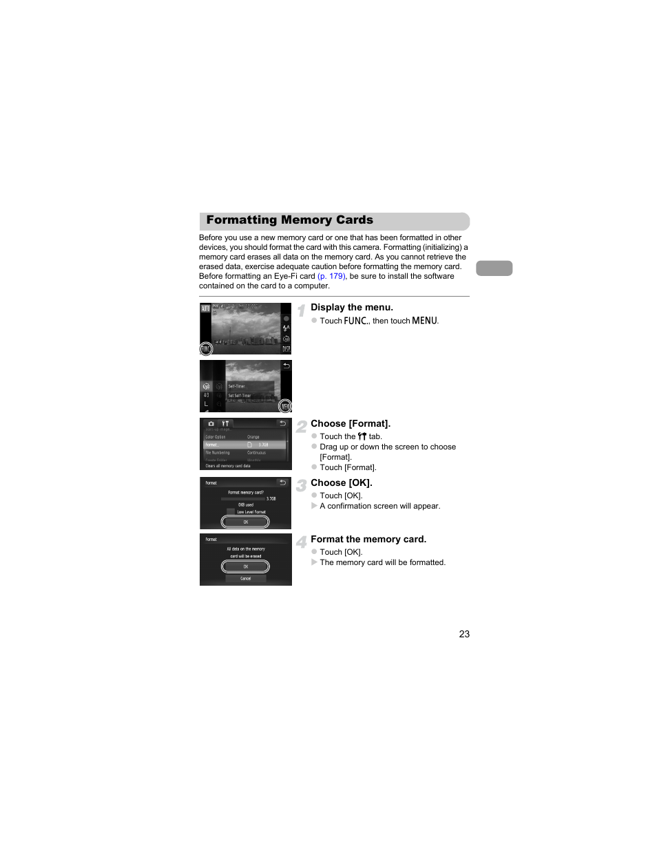 Formatting memory cards | Canon IXUS 310 HS User Manual | Page 23 / 208