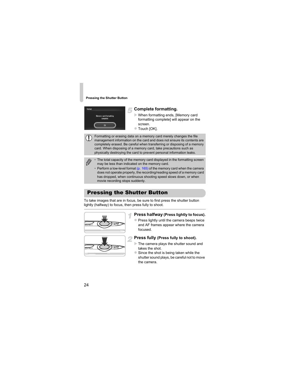 Pressing the shutter button | Canon IXUS 310 HS User Manual | Page 24 / 208