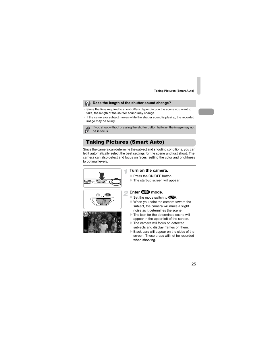 Taking pictures (smart auto) | Canon IXUS 310 HS User Manual | Page 25 / 208