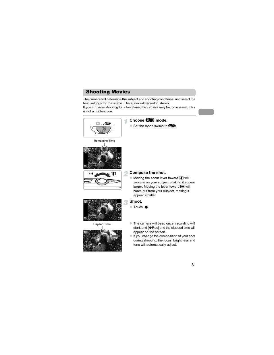 Shooting movies | Canon IXUS 310 HS User Manual | Page 31 / 208