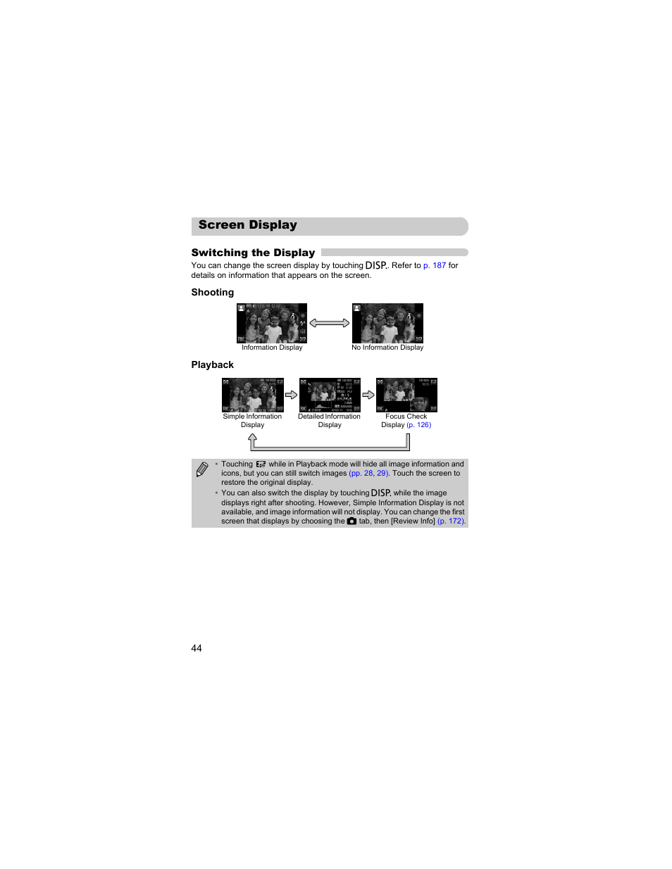 Screen display, Pp. 44 | Canon IXUS 310 HS User Manual | Page 44 / 208