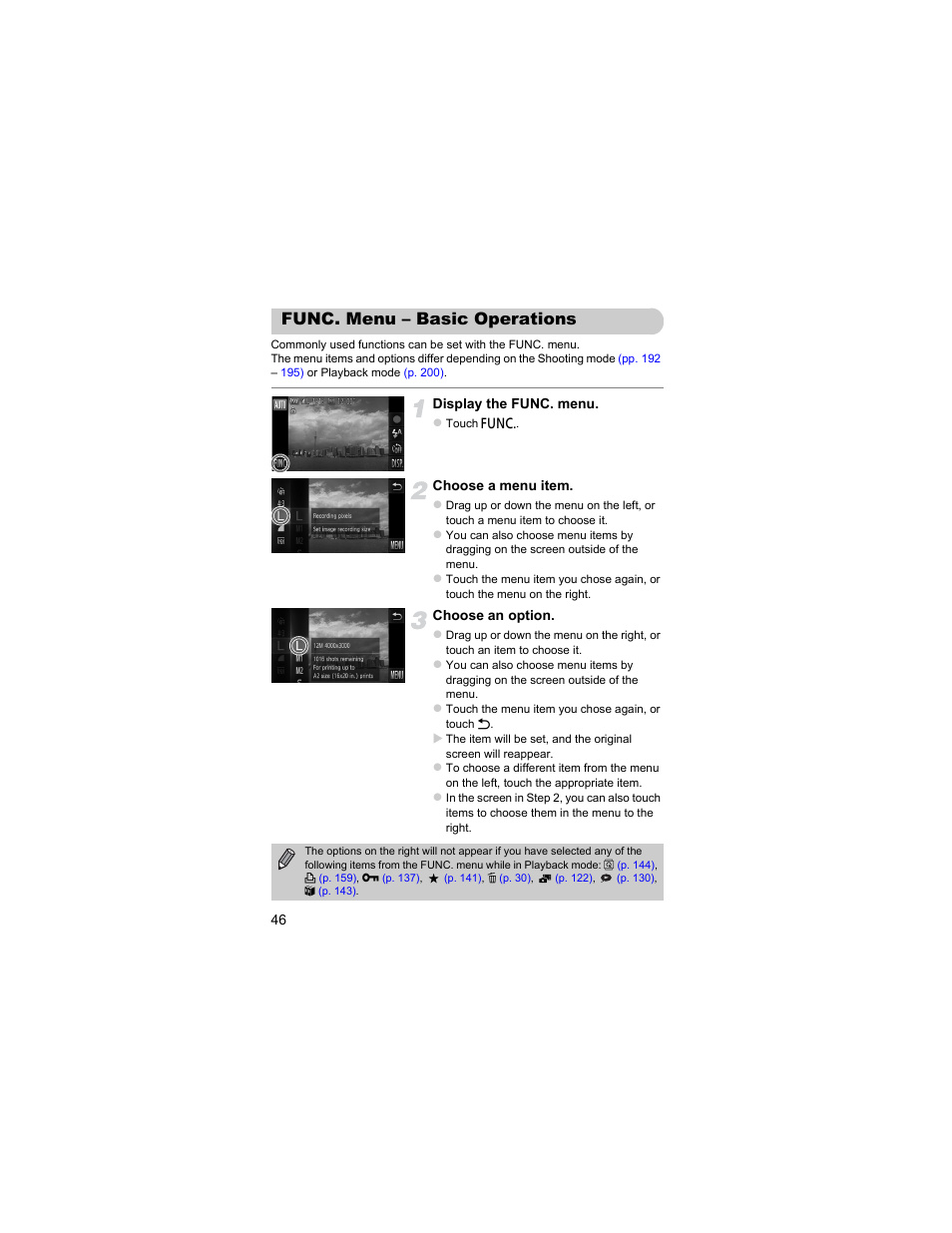Func. menu - basic operations, Func. menu – basic operations | Canon IXUS 310 HS User Manual | Page 46 / 208