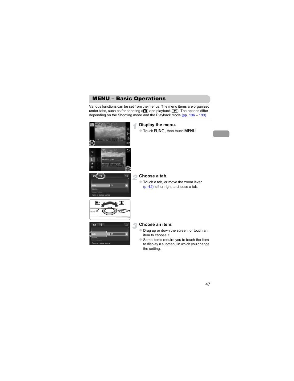 Menu - basic operations, Menu – basic operations | Canon IXUS 310 HS User Manual | Page 47 / 208