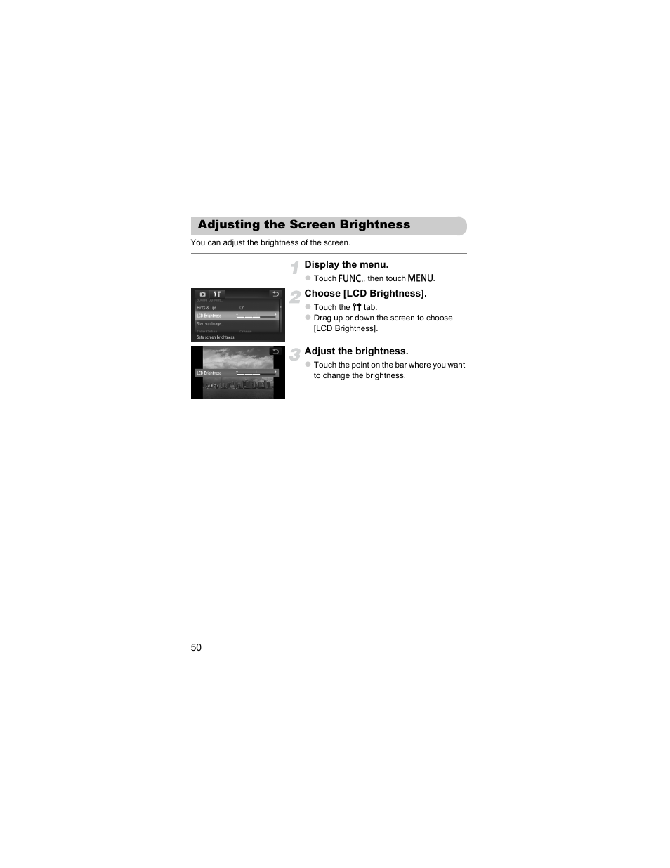 Adjusting the screen brightness | Canon IXUS 310 HS User Manual | Page 50 / 208