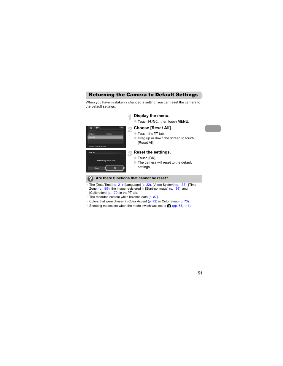 Returning the camera to default settings, Returning the camera to default, Settings | Canon IXUS 310 HS User Manual | Page 51 / 208
