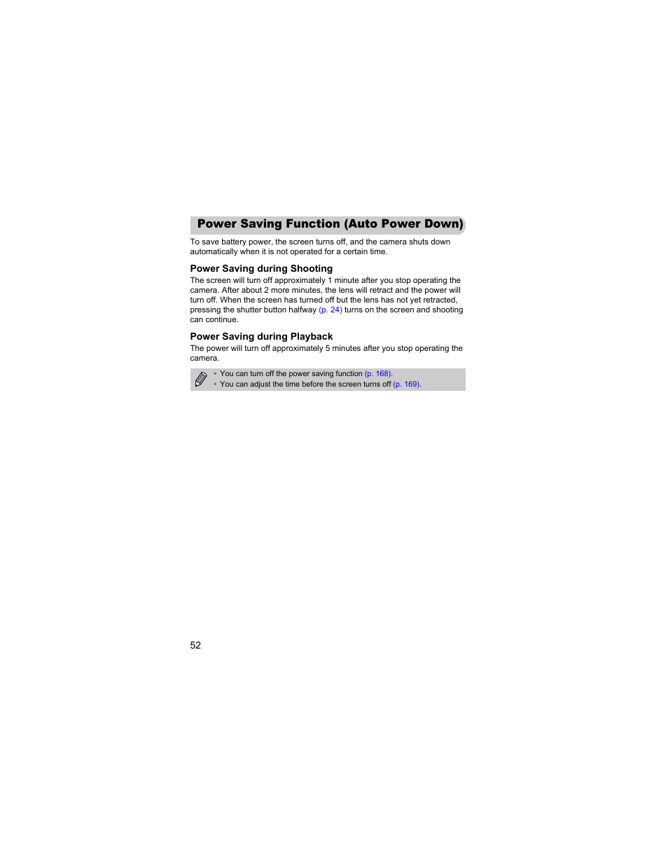Power saving function (auto power down), Power saving function, Auto power down) | Canon IXUS 310 HS User Manual | Page 52 / 208
