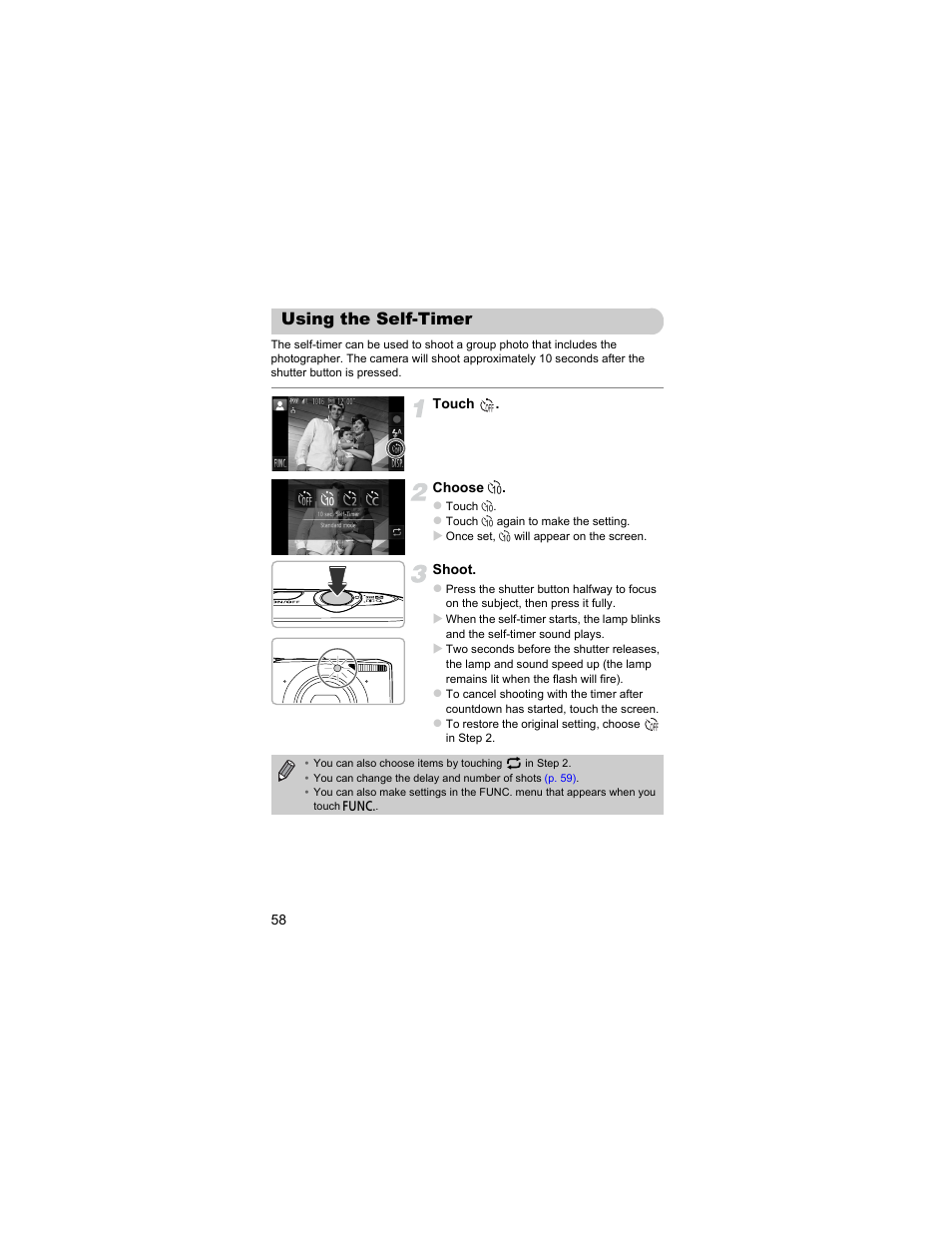 Using the self-timer, Pp. 58 | Canon IXUS 310 HS User Manual | Page 58 / 208