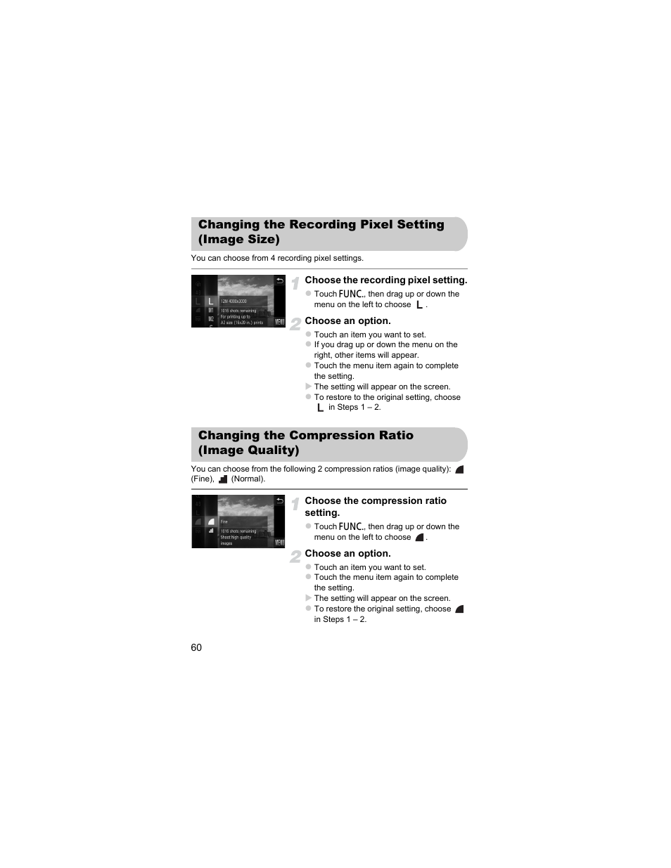 Changing the recording pixel setting (image size), Changing the compression ratio (image quality), Changing the recording pixel | Setting (image size), Changing the compression ratio, Image quality) | Canon IXUS 310 HS User Manual | Page 60 / 208