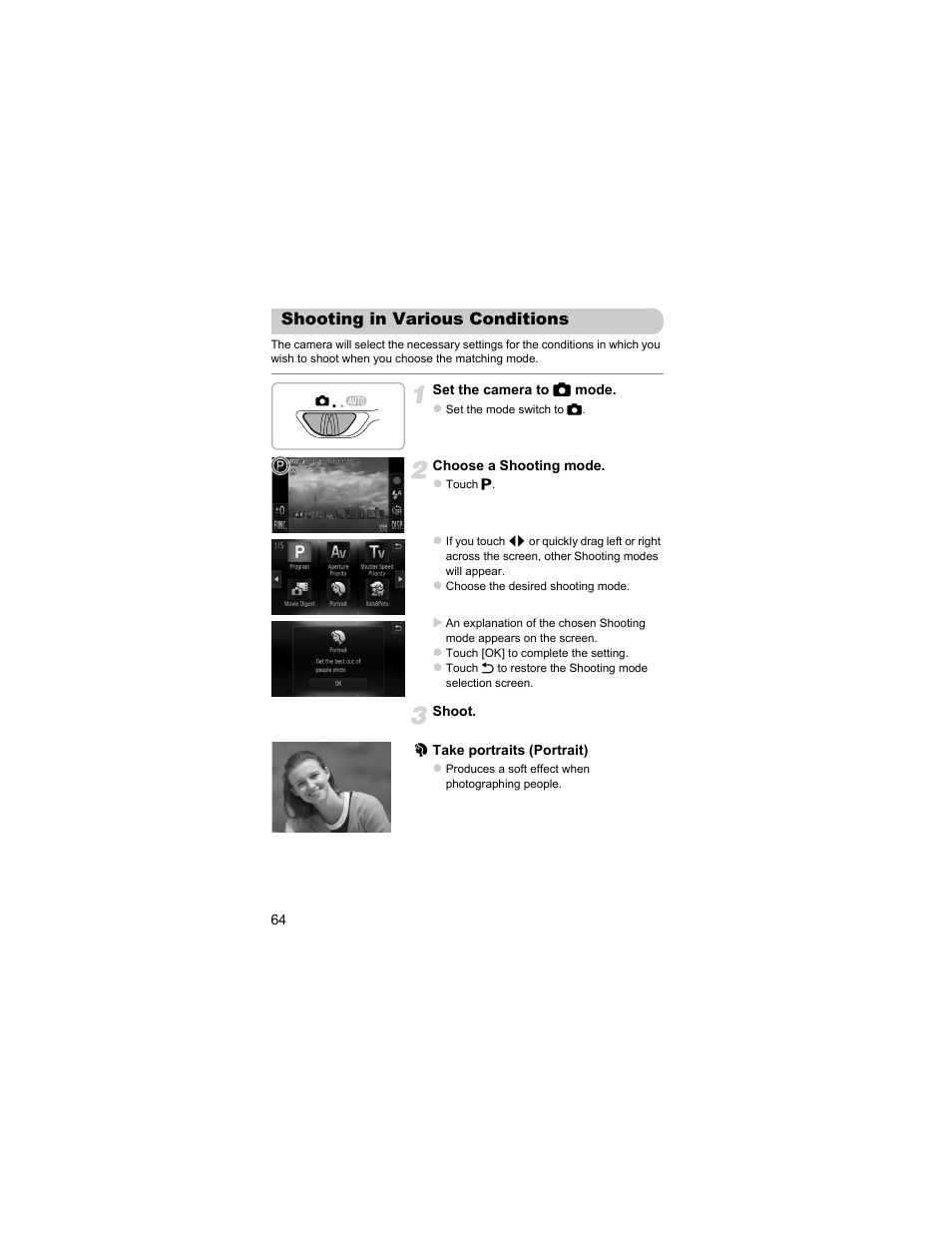 Shooting in various conditions, P. 64) | Canon IXUS 310 HS User Manual | Page 64 / 208