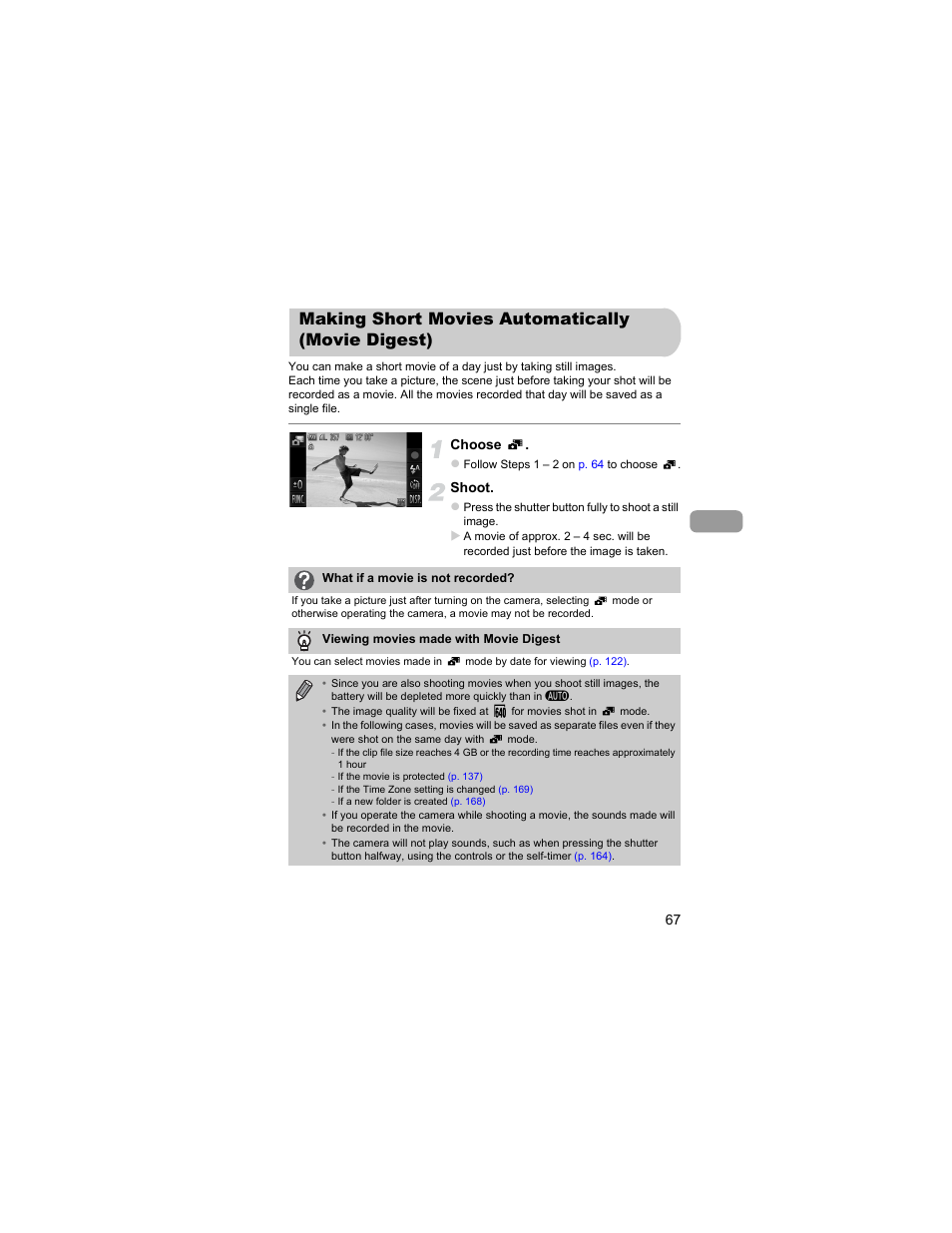 Making short movies automatically (movie digest), Making short movies automatically, Movie digest) | Canon IXUS 310 HS User Manual | Page 67 / 208