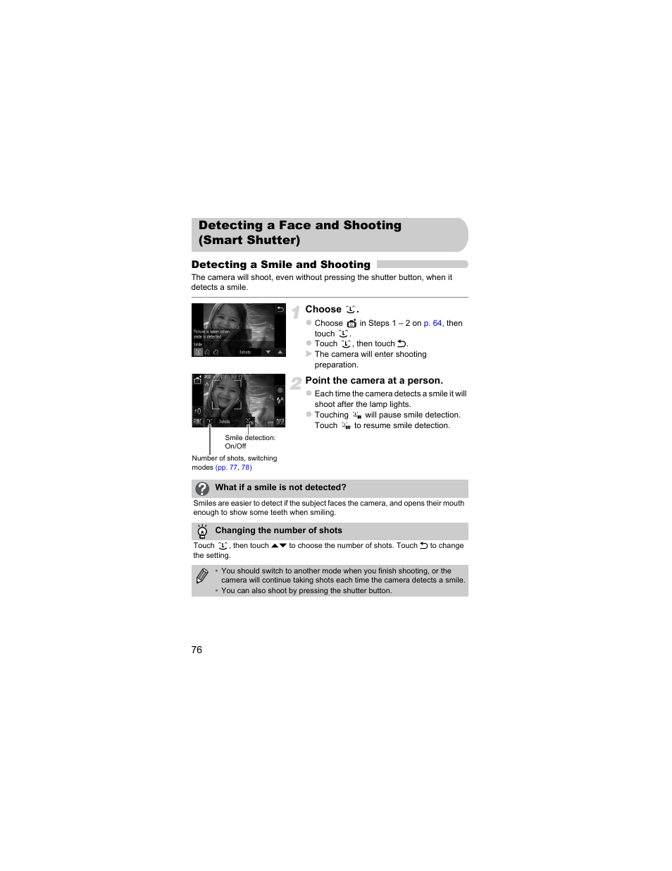 Detecting a face and shooting (smart shutter), Detecting a face and shooting, Smart shutter) | Canon IXUS 310 HS User Manual | Page 76 / 208