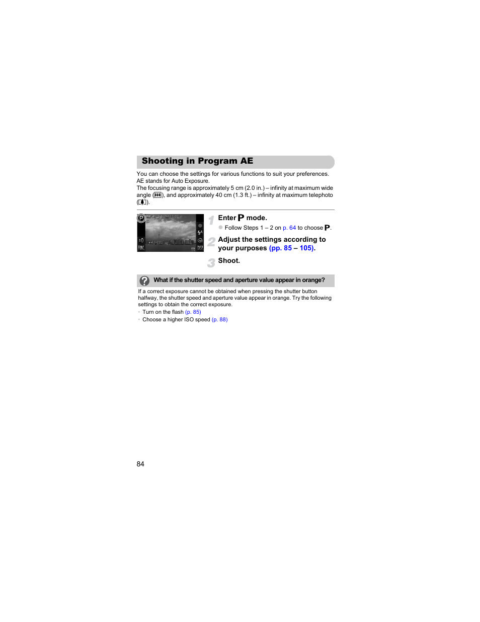 Shooting in program ae | Canon IXUS 310 HS User Manual | Page 84 / 208