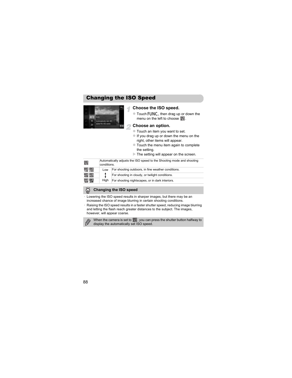 Changing the iso speed, P. 88) | Canon IXUS 310 HS User Manual | Page 88 / 208
