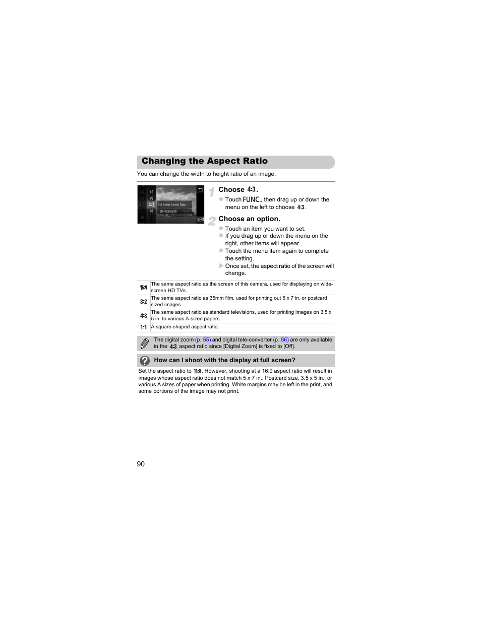 Changing the aspect ratio | Canon IXUS 310 HS User Manual | Page 90 / 208