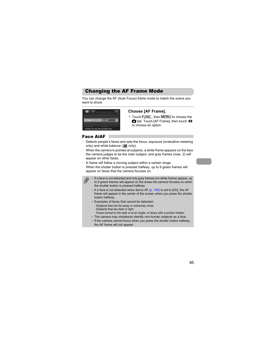 Changing the af frame mode, P. 95) | Canon IXUS 310 HS User Manual | Page 95 / 208