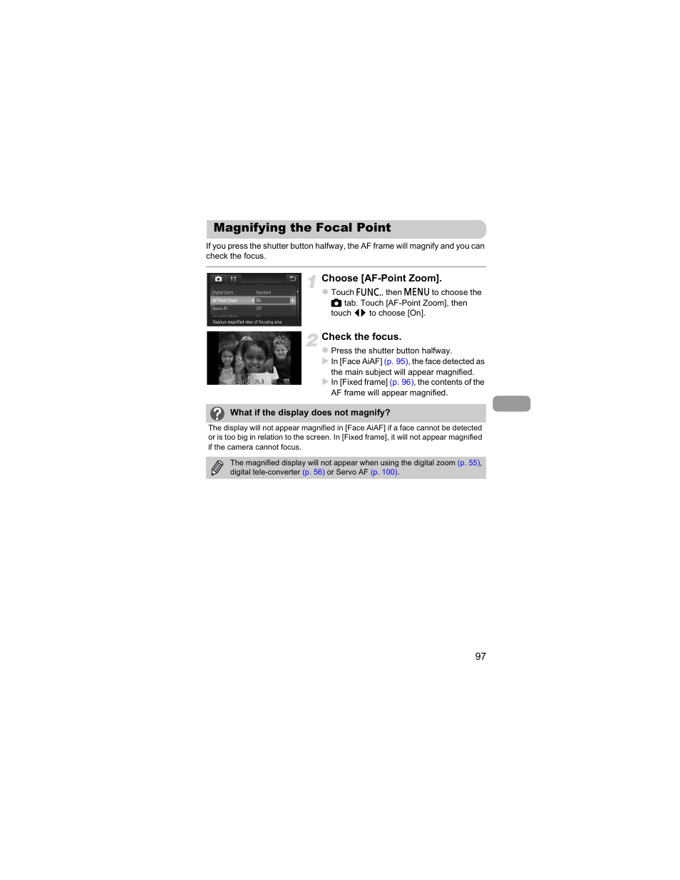 Magnifying the focal point | Canon IXUS 310 HS User Manual | Page 97 / 208
