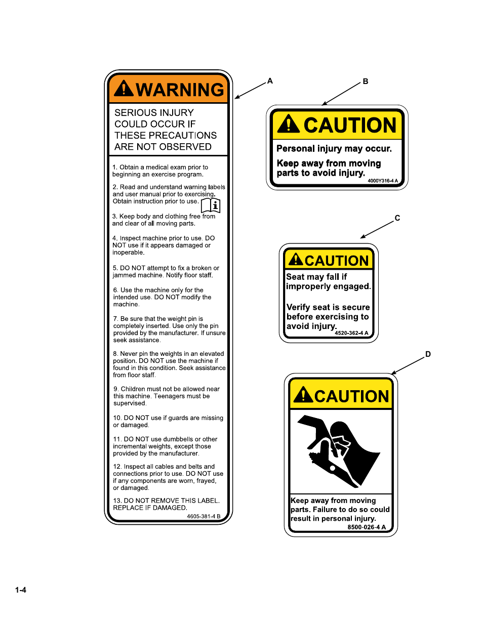 Caution, Warning, Owatonna | Personal injury may occur, Keep away from moving parts to avoid injury | Cybex 11010 Medical Eagle Overhead Press User Manual | Page 10 / 24