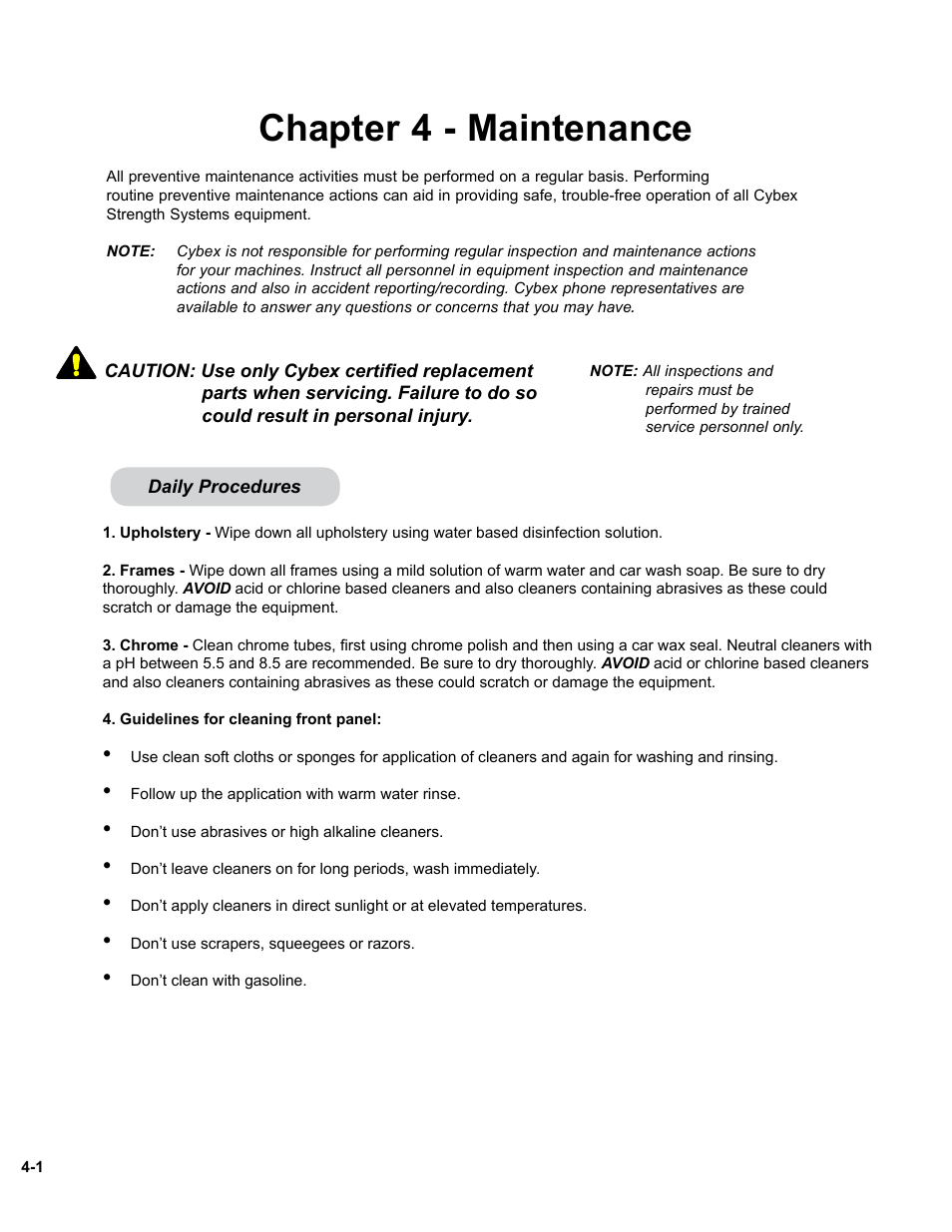 Chapter 4 - maintenance | Cybex 11010 Medical Eagle Overhead Press User Manual | Page 17 / 24