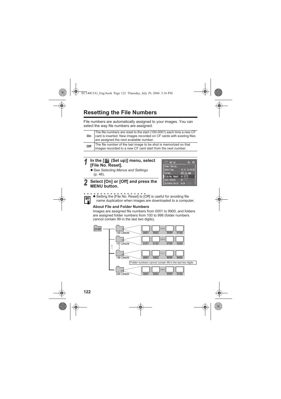 Resetting the file numbers | Canon CEL-SE65A210 User Manual | Page 125 / 210