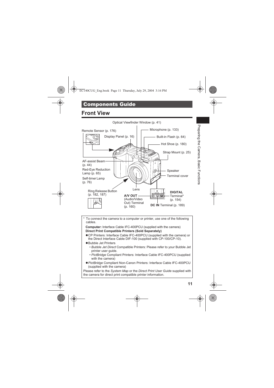 Front view, Components guide | Canon CEL-SE65A210 User Manual | Page 14 / 210