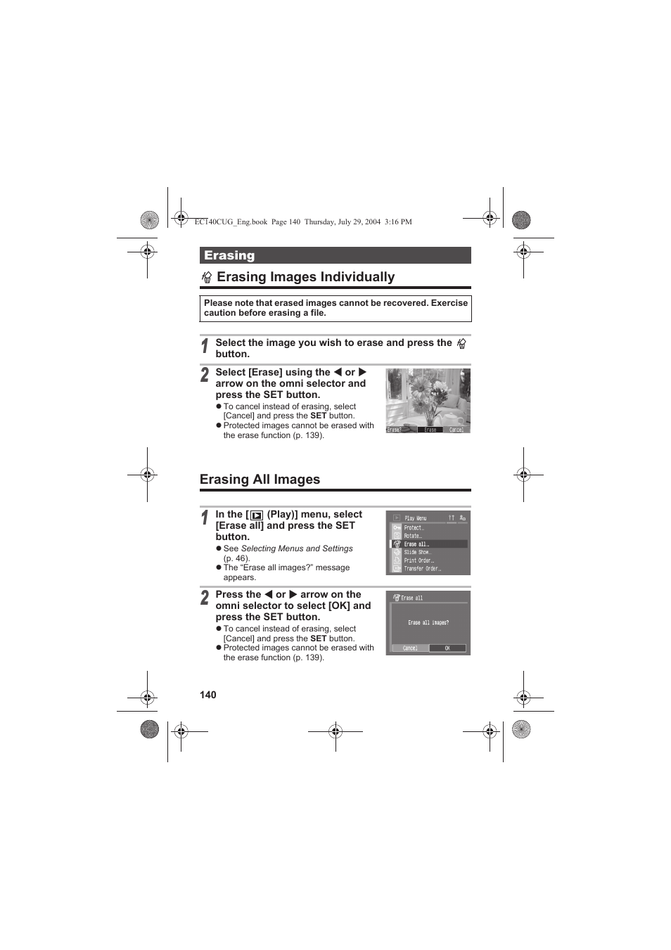 Erasing images individually erasing all images | Canon CEL-SE65A210 User Manual | Page 143 / 210