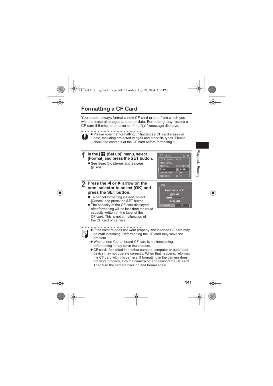 Formatting a cf card | Canon CEL-SE65A210 User Manual | Page 144 / 210