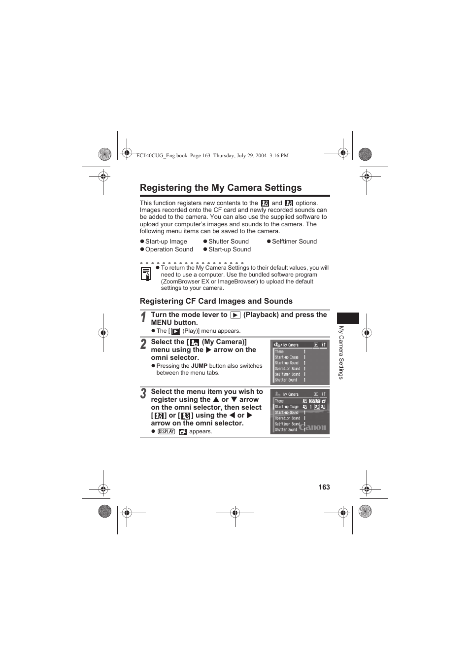 Registering the my camera settings | Canon CEL-SE65A210 User Manual | Page 166 / 210