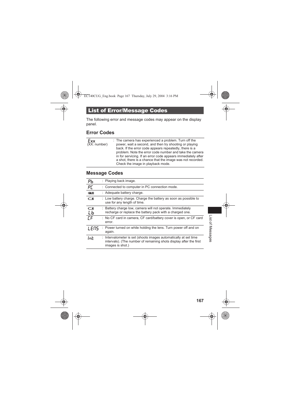 List of error/message codes | Canon CEL-SE65A210 User Manual | Page 170 / 210
