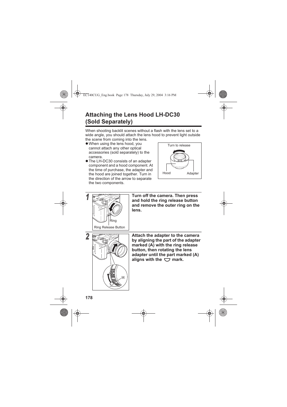 Attaching the lens hood lh-dc30 (sold separately) | Canon CEL-SE65A210 User Manual | Page 181 / 210