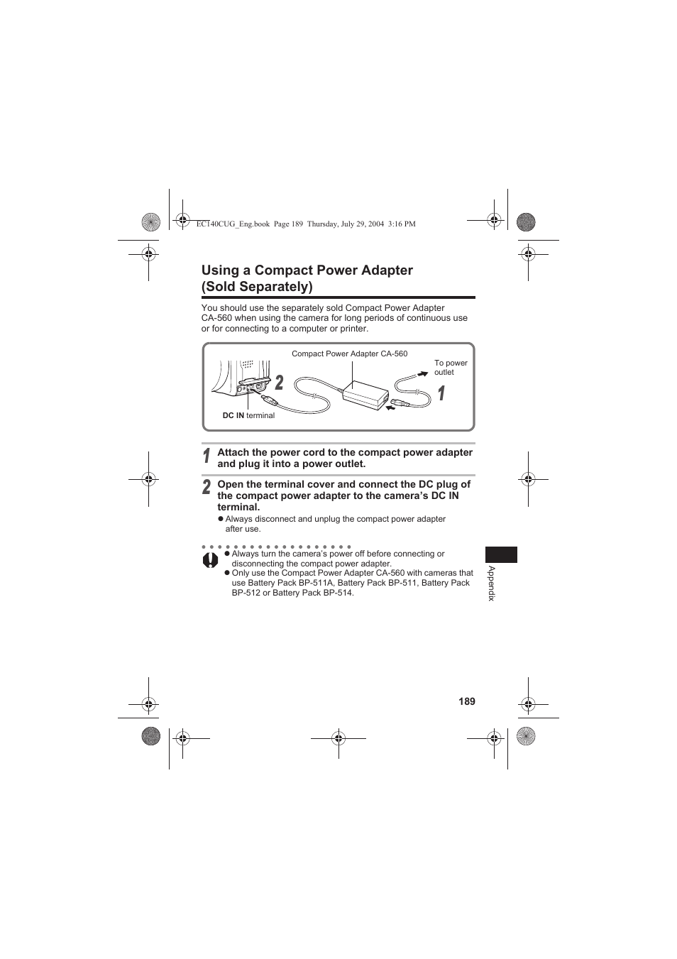 Using a compact power adapter (sold separately) | Canon CEL-SE65A210 User Manual | Page 192 / 210