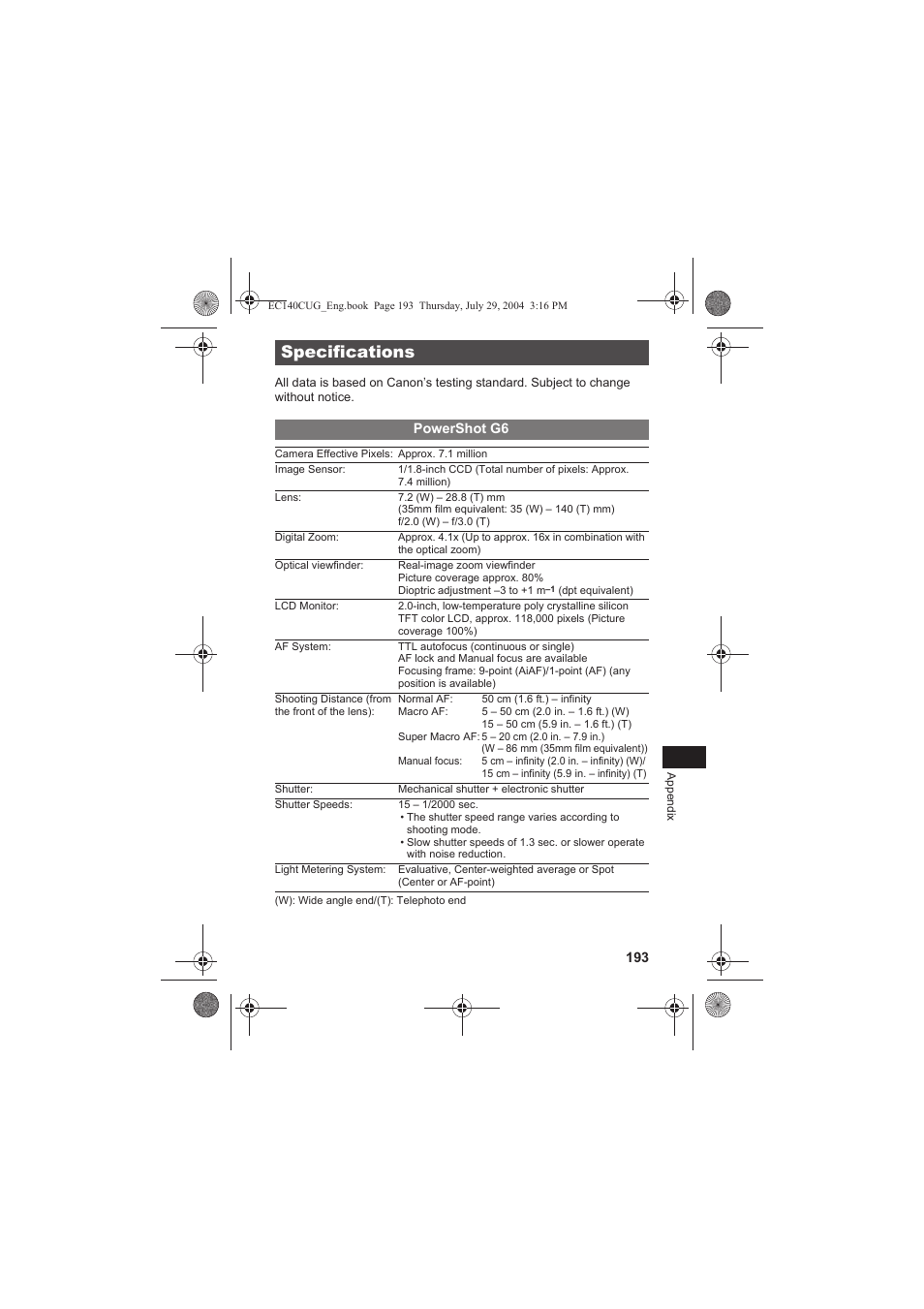Specifications | Canon CEL-SE65A210 User Manual | Page 196 / 210
