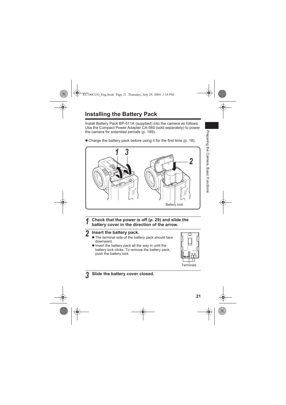 Installing the battery pack | Canon CEL-SE65A210 User Manual | Page 24 / 210