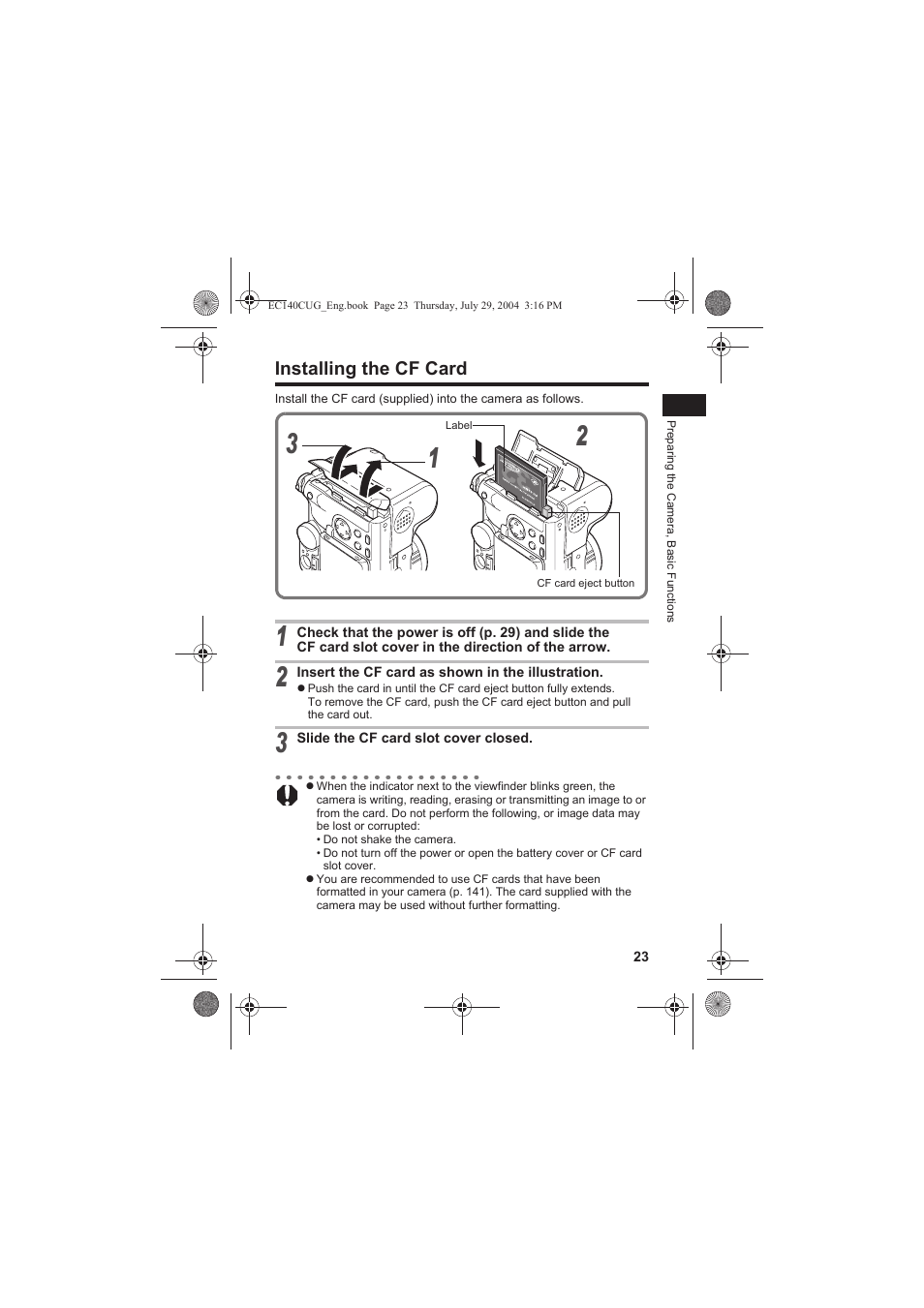 Installing the cf card | Canon CEL-SE65A210 User Manual | Page 26 / 210
