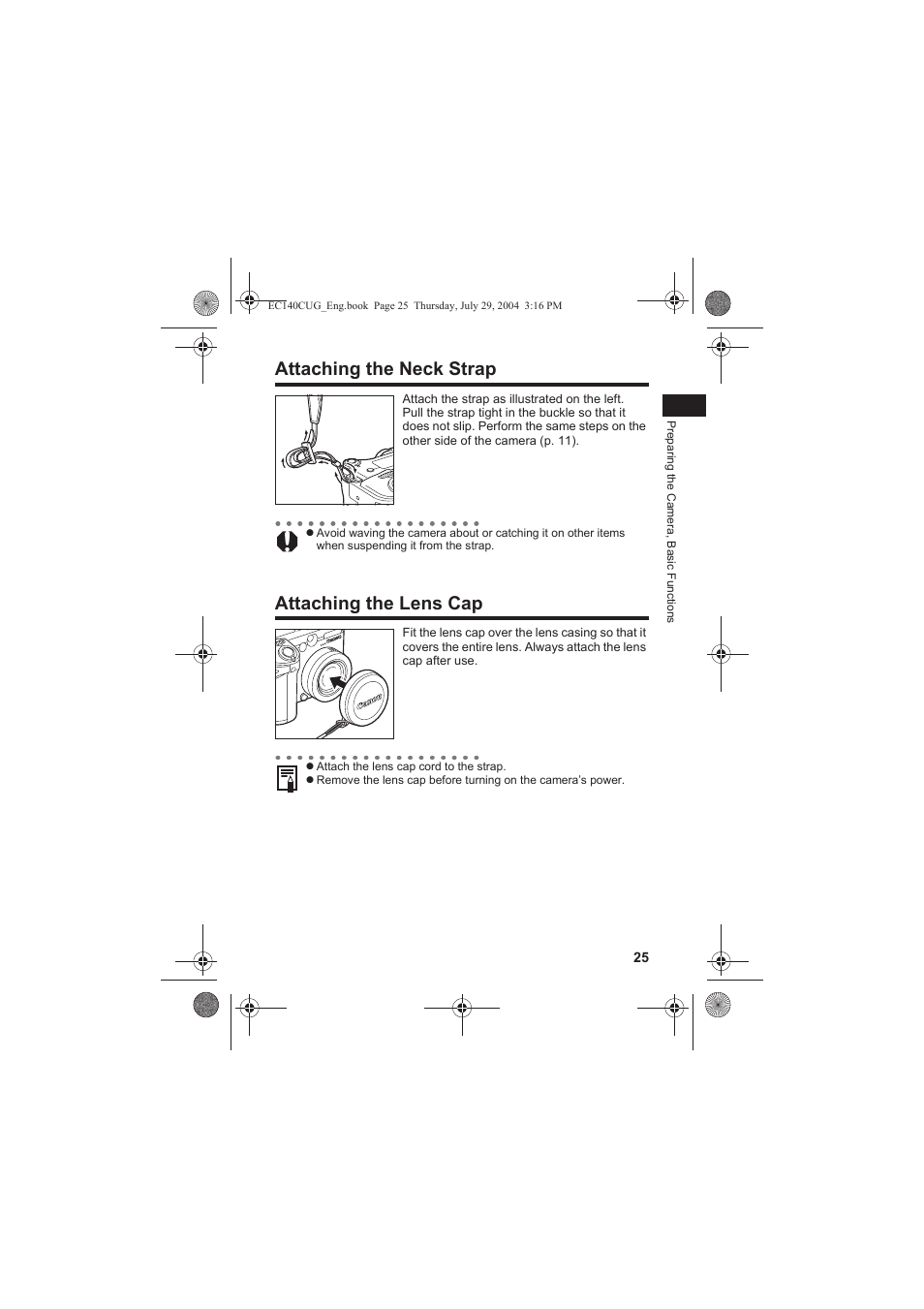 Attaching the neck strap attaching the lens cap | Canon CEL-SE65A210 User Manual | Page 28 / 210