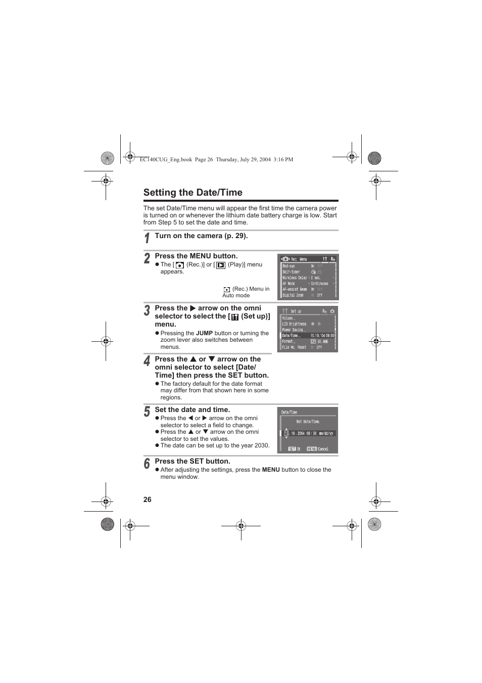 Setting the date/time | Canon CEL-SE65A210 User Manual | Page 29 / 210