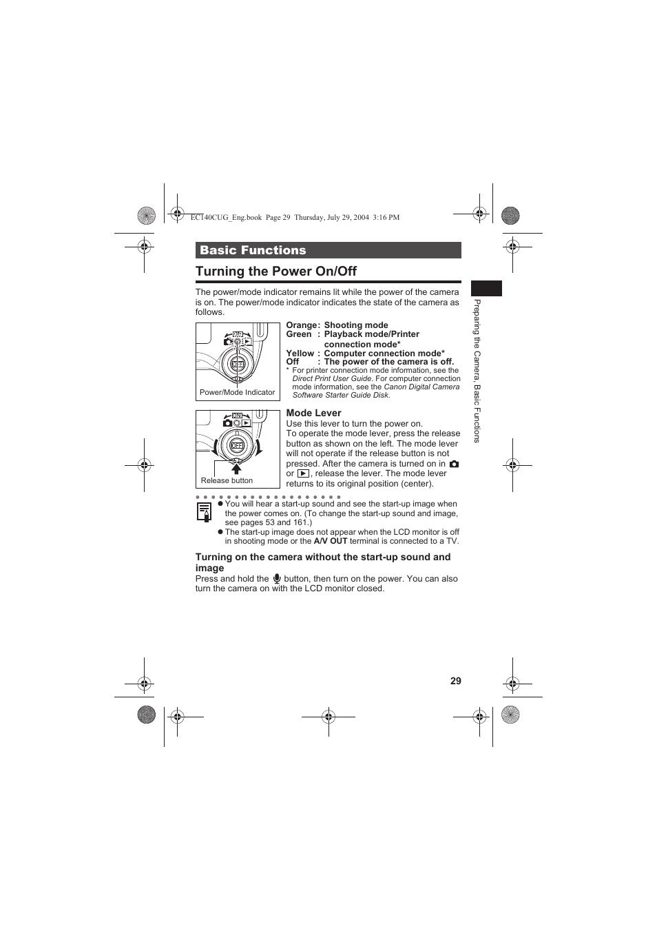 Turning the power on/off, Basic functions | Canon CEL-SE65A210 User Manual | Page 32 / 210